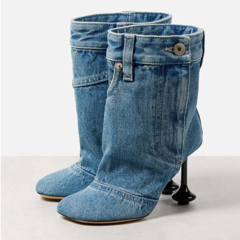 Fashion Spring Autumn New Irregular Heel Denim Skirt Edge Trouser Boots European American Women's Sewing High Heels Fashion Short Boots