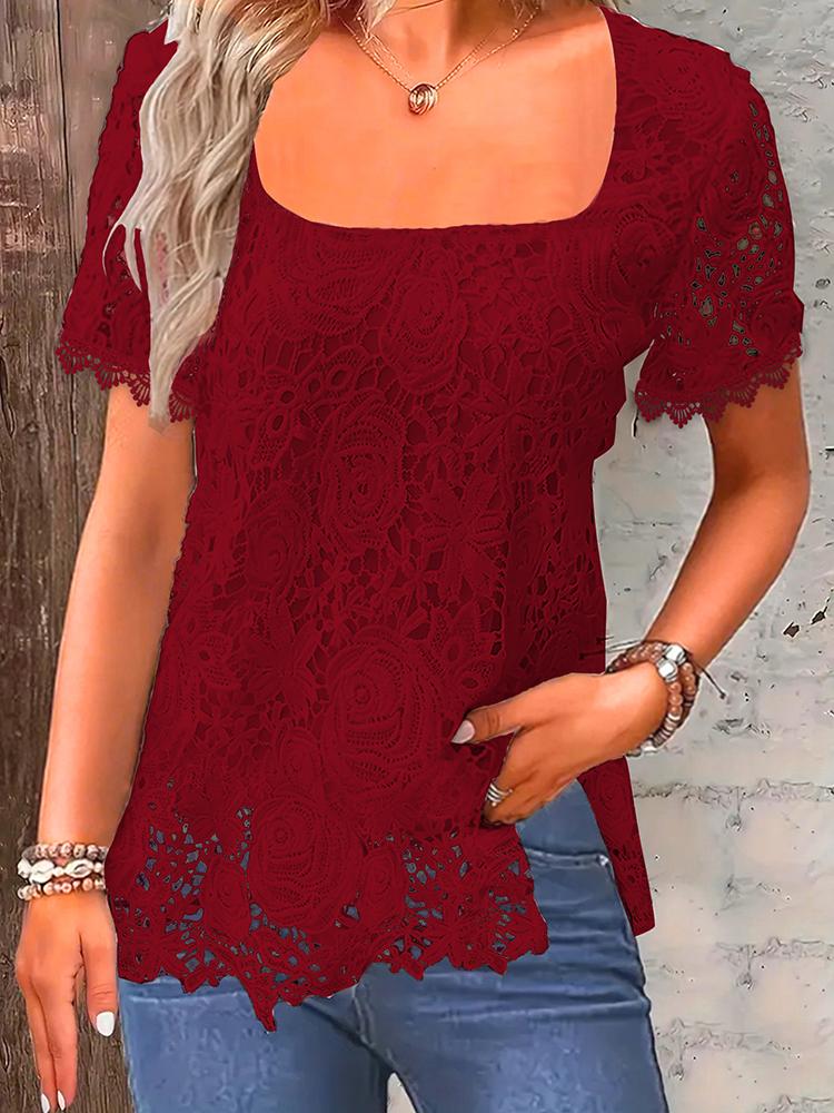 

2026 Summer Girls Chic Sexy Square Neck Lace Sleeve Edge Women Outwear Hollow Out Short Sleeve Blouses Vacation Shirts 5XL вина червоного кольору