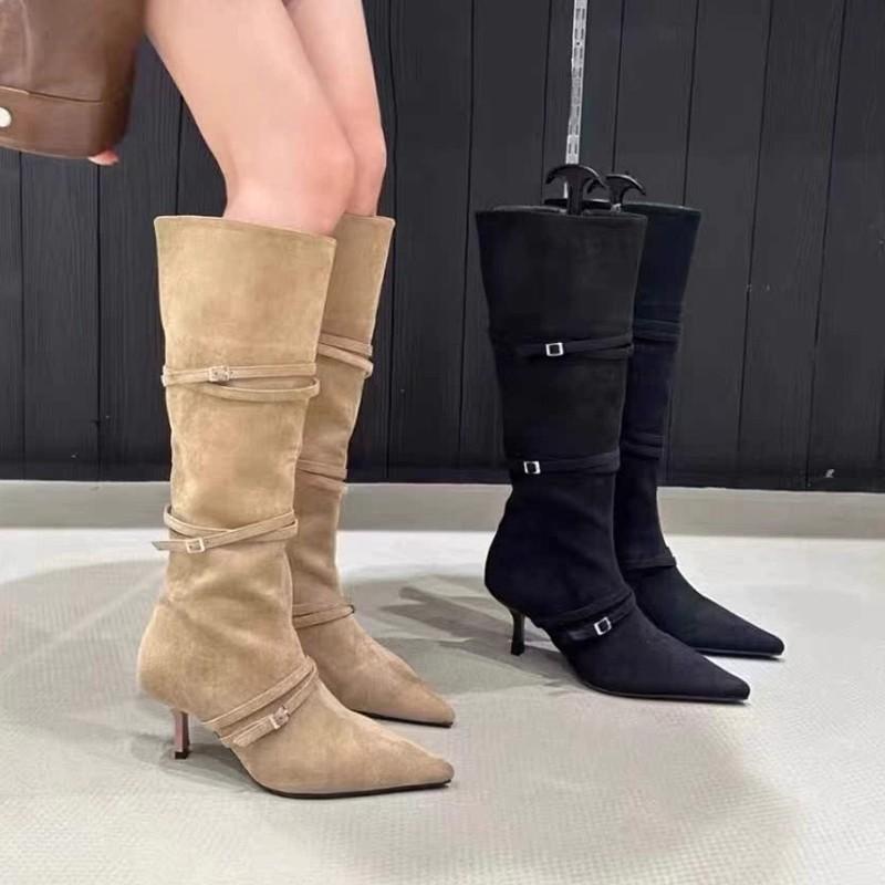 Fashion Fine Boots Skinny Boots Women's Thin Straps Pointed Suede Thin Heels High Boots But Knee High Heels Boots Women