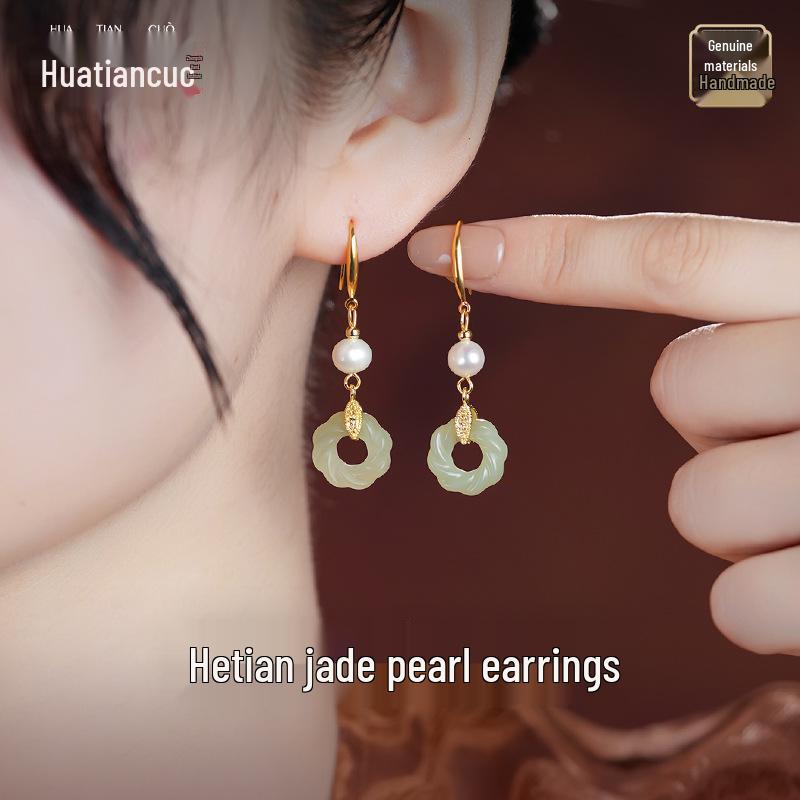 Sterling Silver Jade Earrings: Ancient-Inspired Women's Qipao Accessories with Peace Lock Design
