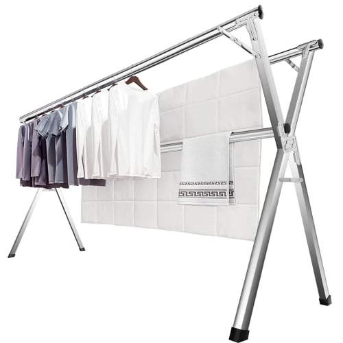 JAUREE 2m Folding Clothes Drying Rack, Indoor/Outdoor Use, Heavy-Duty, Stainless Steel, with 20 Windproof Hooks, Compact Storage