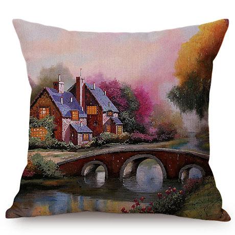 Hermoso Paisaje Rural Cabaña Feliz Recuerdo de la Infancia Pintura al Óleo Funda Decorativa para Cojín de Sofá Funda para Cojín de Coche Cojines