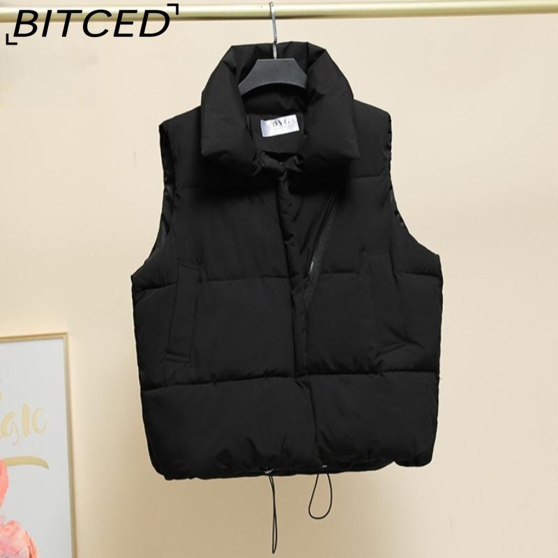 BITCED Autumn/Winter Puffer Jacket with Stand Collar and Zip Fastening Cotton-Filled Waistcoat, Vest, Jacket, or Light Outerwear