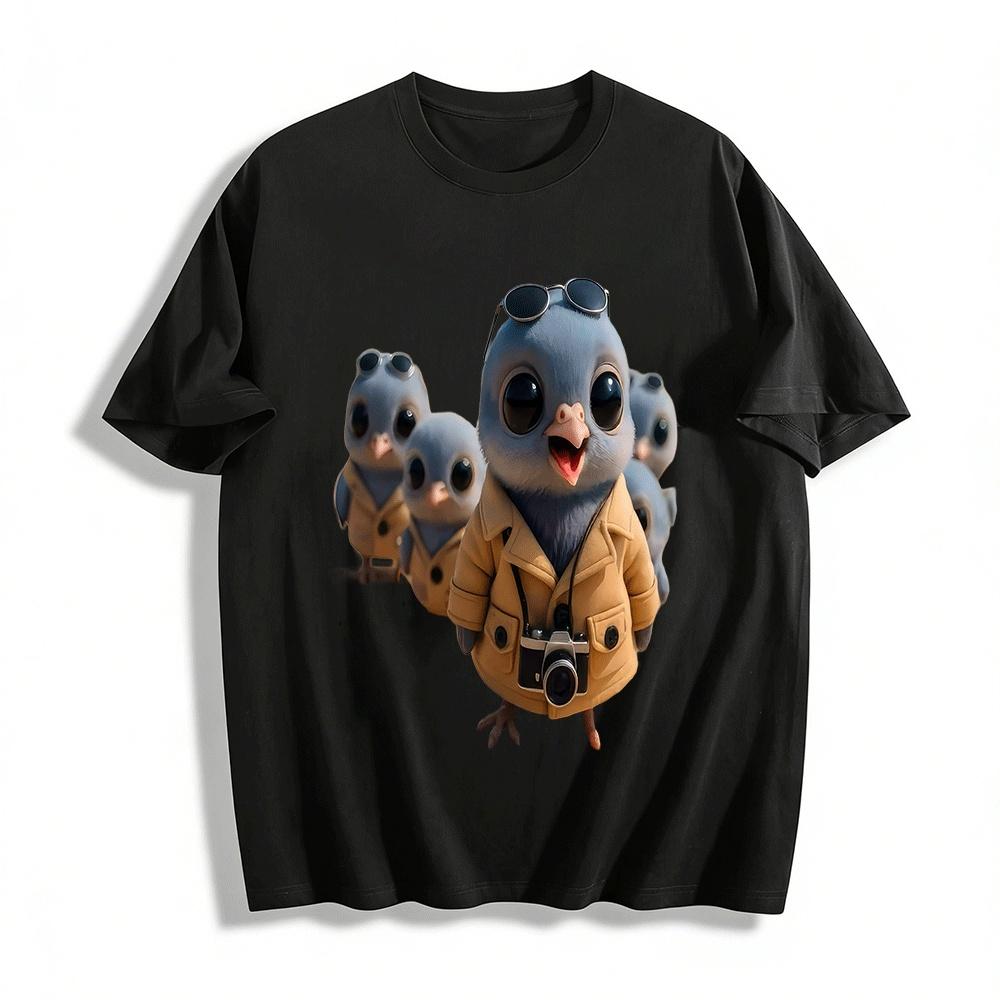 Cute Anthropomorphic Pigeon Travel Team Print Casual Top Pure cotton T-shirt XXS