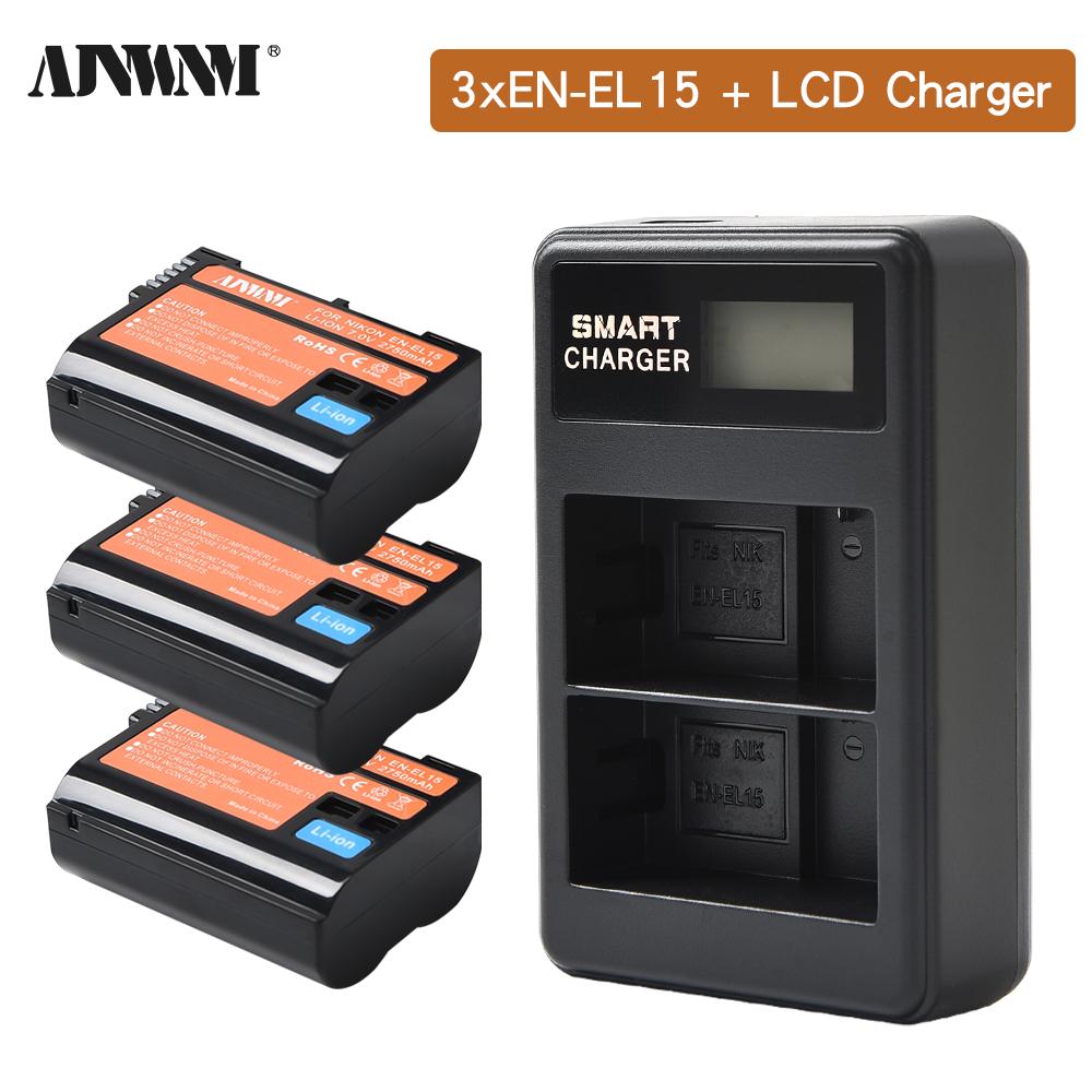 AJNWNM EN-EL15 ENEL15 El15 Battery for Nikon D7000 D7100 D7200 D850 D750 D7500 D810 D500 D800 D610 D600 +LCD Charger