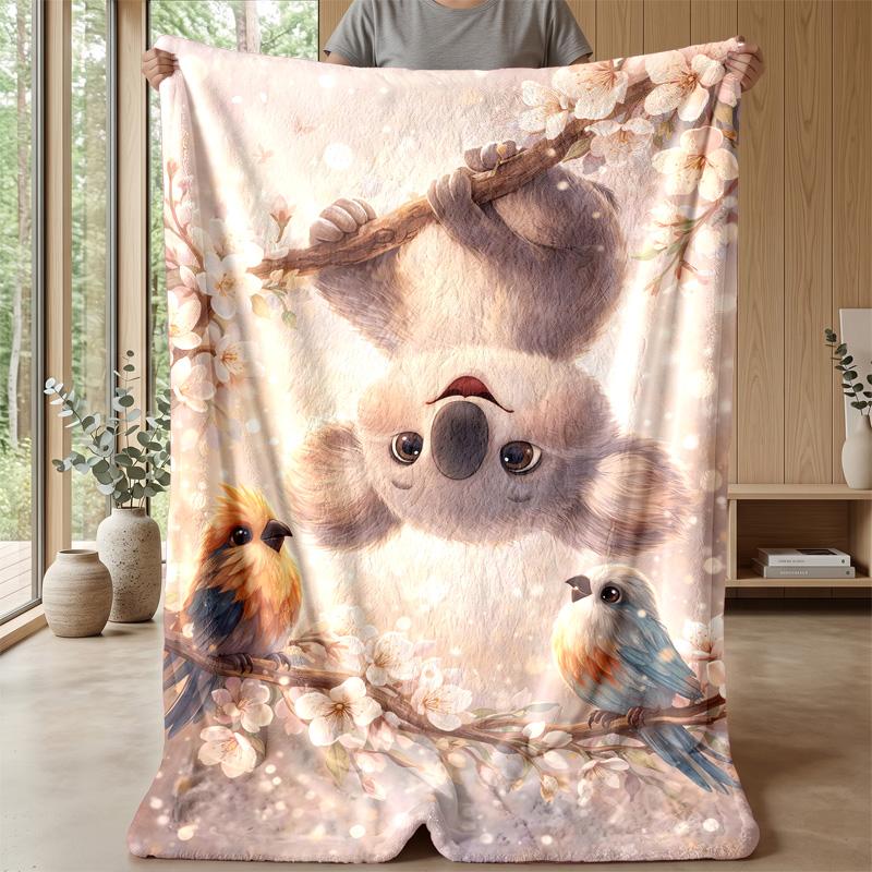 Cute Koala and Birds in Flowers blanket Personalized Name Flannel Blanket Soft Cozy Plush Throw for Sofa Bed Lightweight Home Decor