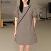 ZANZEA Damen Freizeit Rundhals Gitterdruck Sommer Kurzarm Kleid