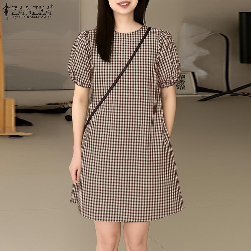 ZANZEA Damen Freizeit Rundhals Gitterdruck Sommer Kurzarm Kleid