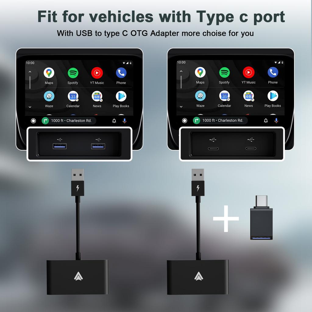 THT-020-2+ Android Auto Wireless CarPlay Adapter Android Auto Wired To Wireless Converter Support USB and Type-C Port