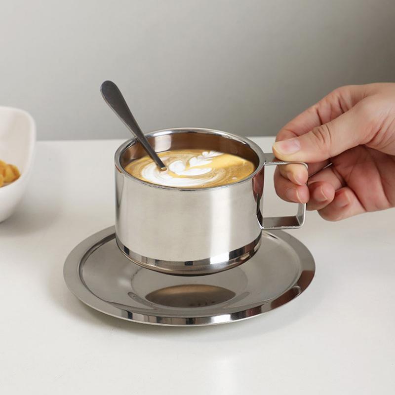 3pcs Stainless Steel Coffee Cup Set Double Walled Heat Resistant Mug With Saucer Spoon Drink Tableware Kitchen Cafe Accessories