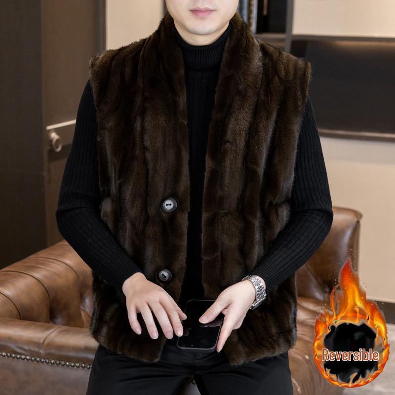 Men's Winter 2025 Faux Leather & Golden Mink Velvet Fur-Integrated Thick Gilet Jacket
