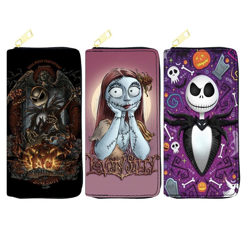 Portefeuille Long PU Nightmare Before Christmas pour Femmes Portefeuille à Fermeture Éclair Sac à Maquillage Impression Jack Skellington Noir 3 pièces