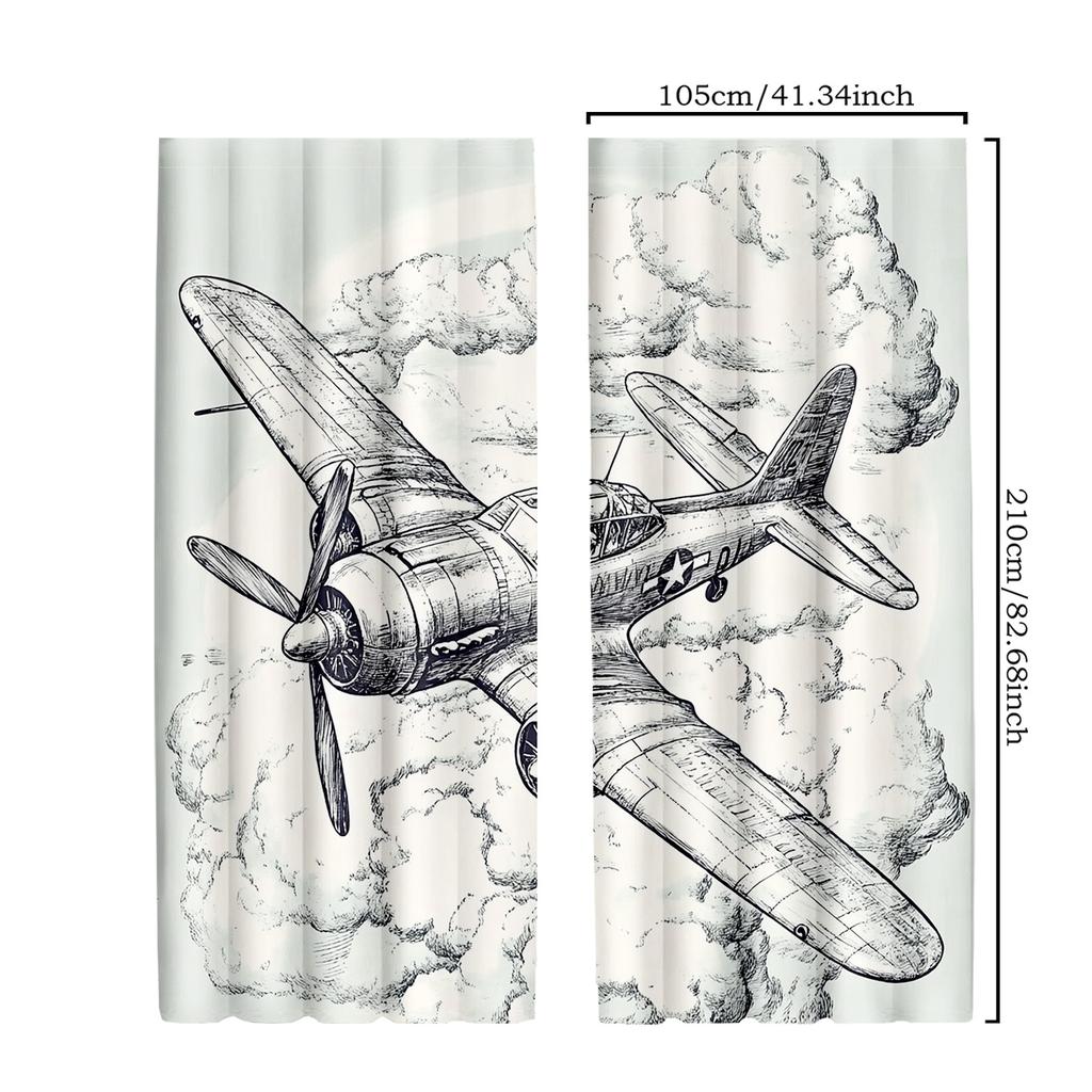 2pcs Classic Airplane Window Drapes   Vintage Blue & Black Round Frame Sketch with Sky Clouds   Polyester Fabric   Home Decor Curta