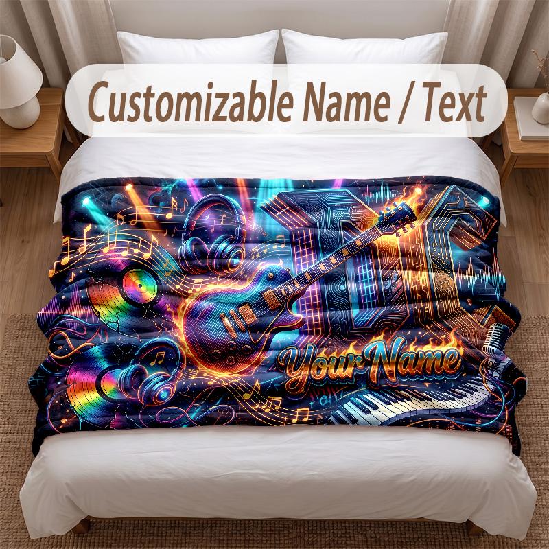 Music General Theme Soft Blanket Personalized Custom Name Text Print Warm Blanket Home Sofa Bedroom Decor