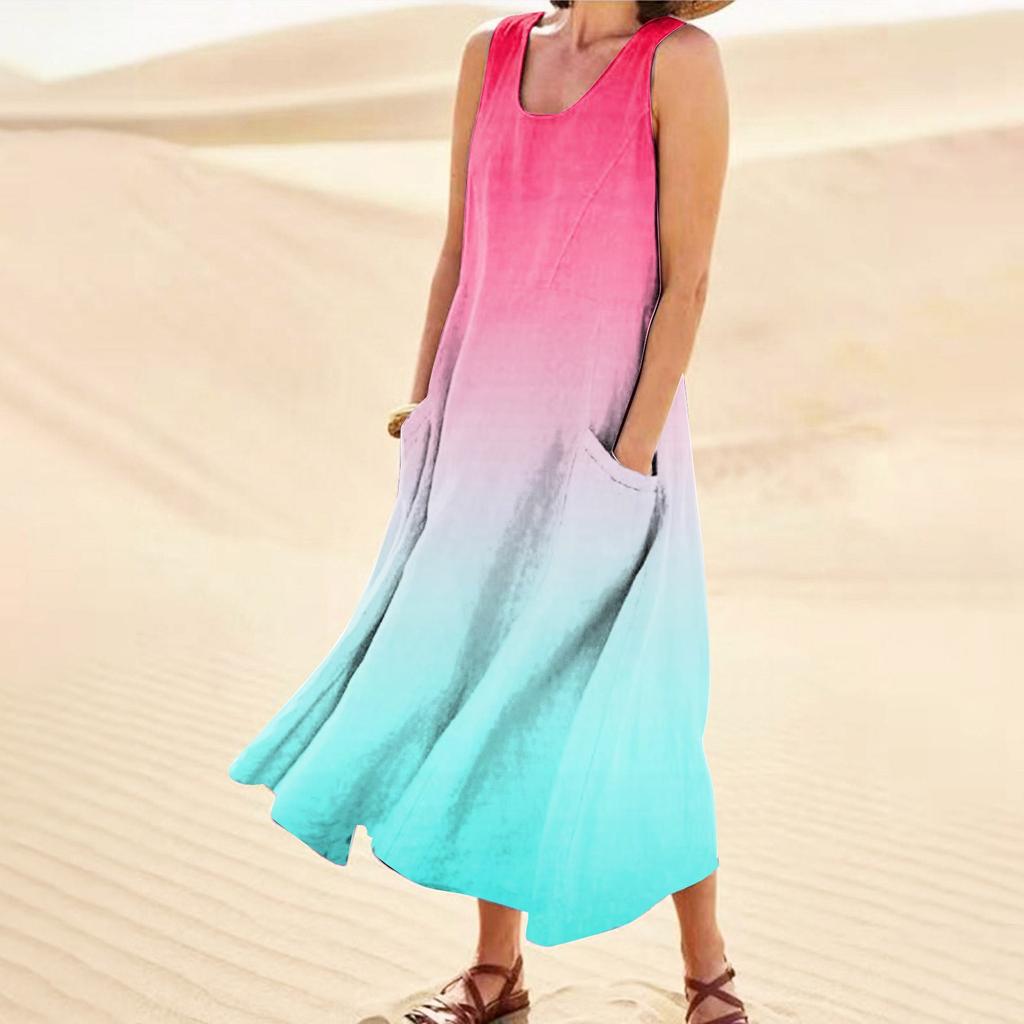 Lässiges, bequemes, ärmelloses Baumwolltaschenkleid mit Farbverlaufsdruck für Damen