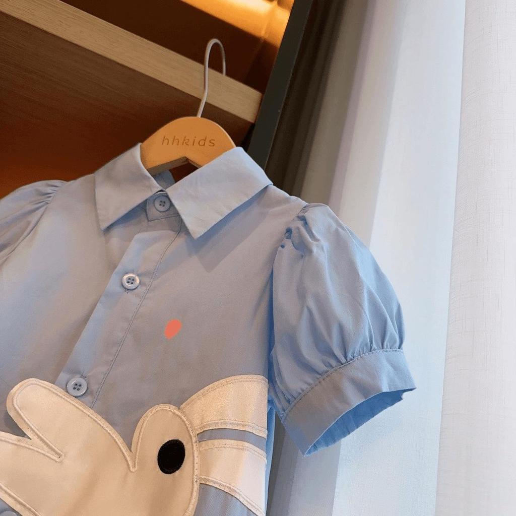 Letní dívčí šaty košilového střihu s roztomilým králíčkem v korejském stylu - Krátký rukáv