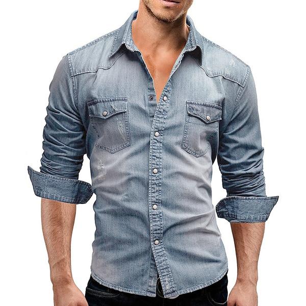 Pánská nouzová džínová košile Casual Washed Slim Fit Cowboy Shirt