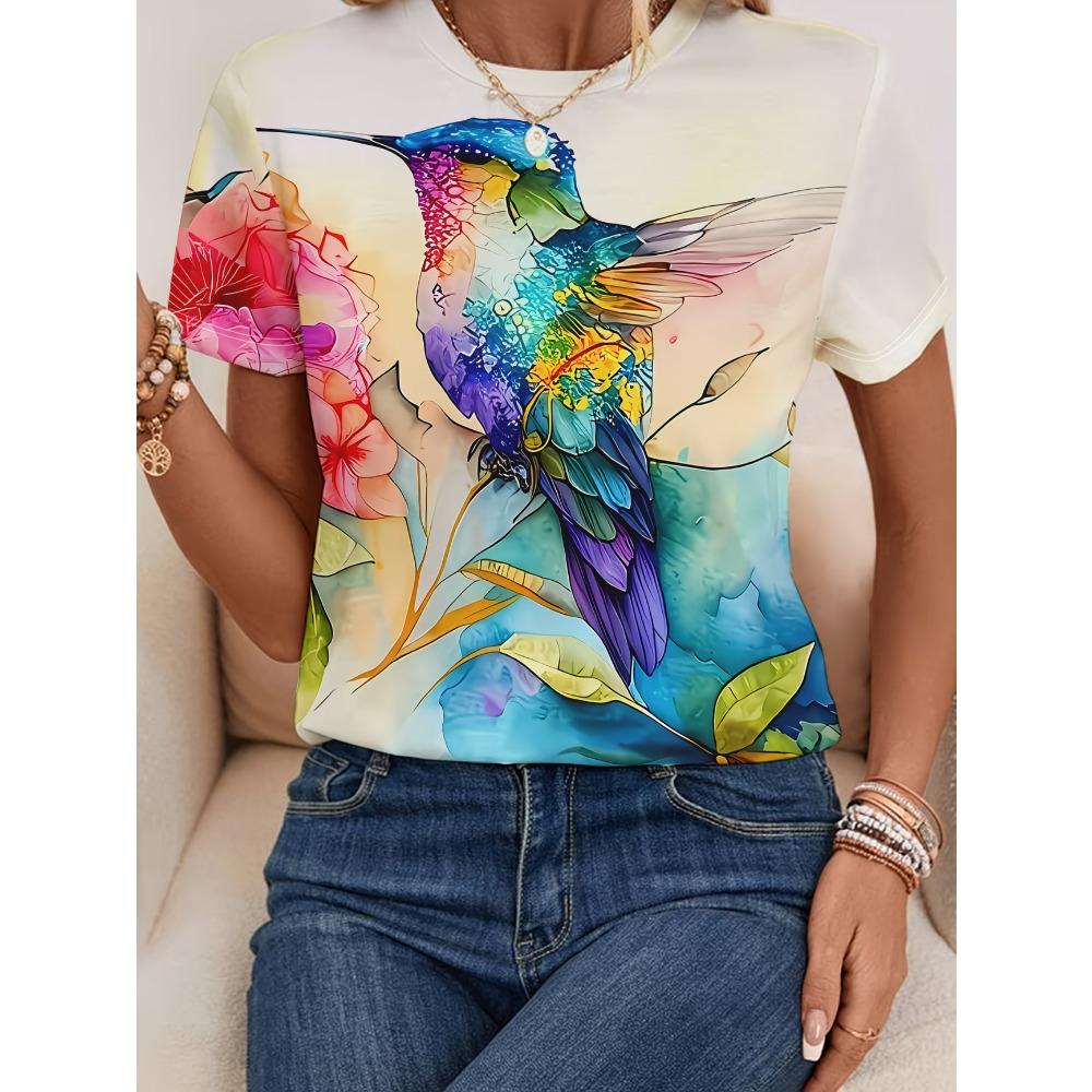 Lady Funny Tops Crew Neck Short Sleeve Vivid Peacock Print T Shirt Women's Outfits Casual Streetwear Fashion Tees Summer Clothes