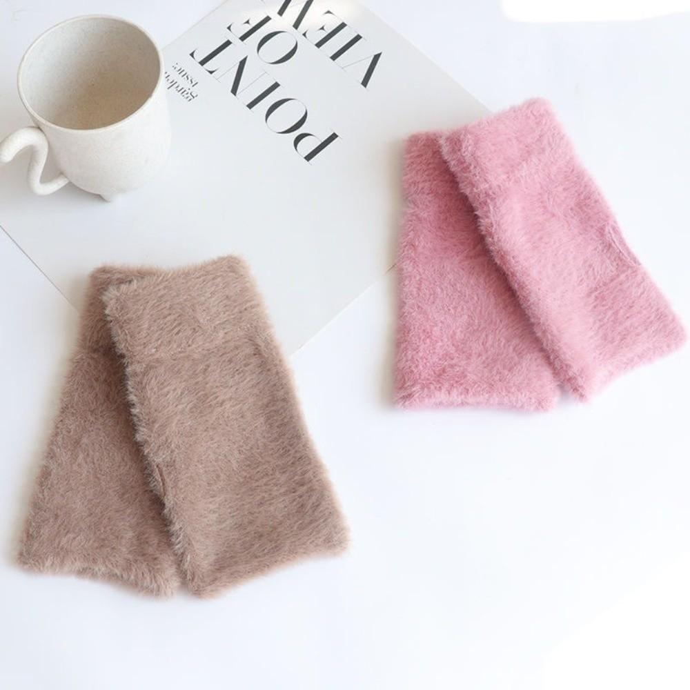 Thick Half Mittens Faux Fur Plush Gloves Protable Fingerless Gloves  for Women Girl