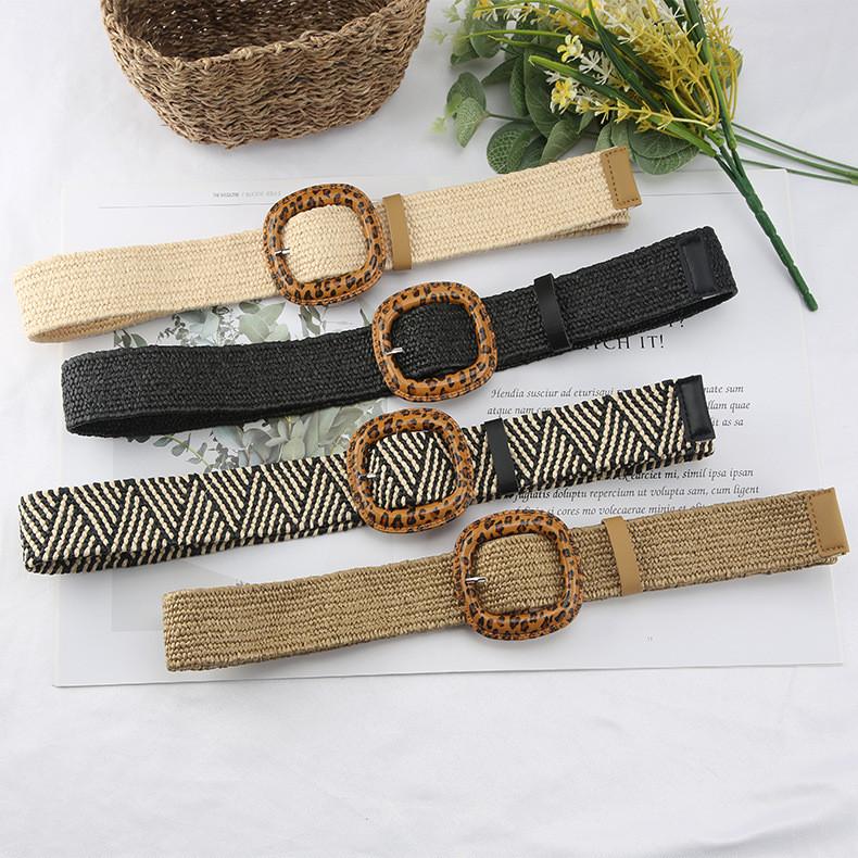 Fashion Leopard Print Buckle Decoration Women Casual Woven Waist Belt For Beach And Summer Wear