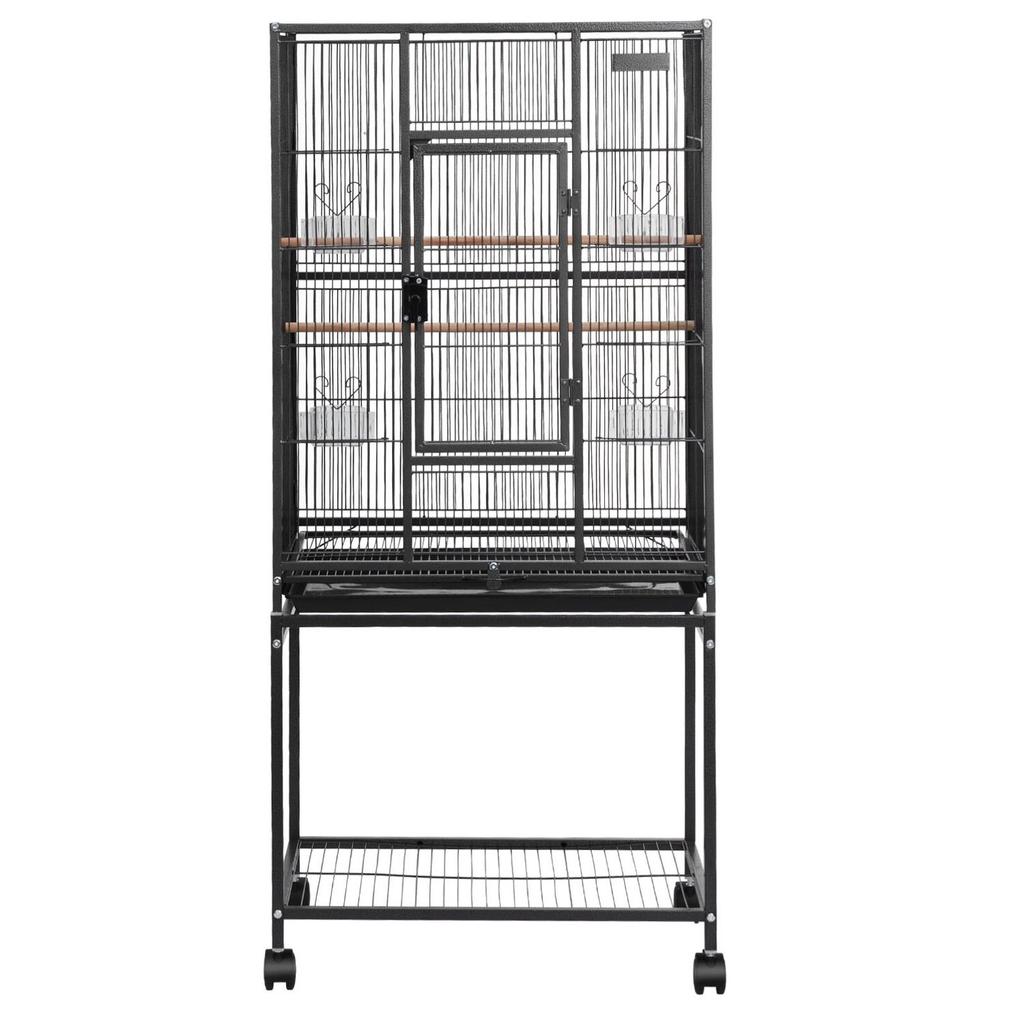 Bird Cage, 625 x 425 x 1370 mm, Flat Top, Wrought Iron Bird Flight Cage with Perches, Slide-Out Tray and Plastic Feeders, Casters, for Parrot, Blue