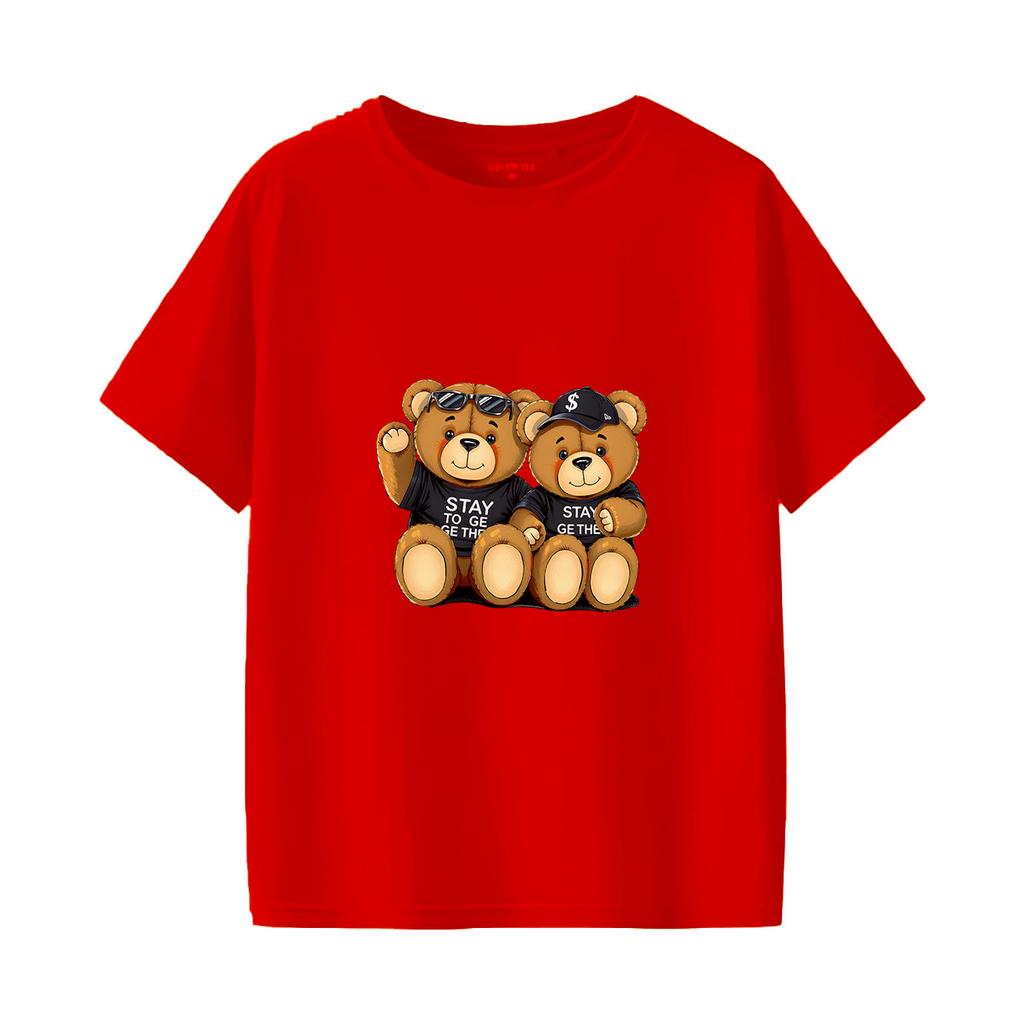 Cartoon bear print short sleeved round neck versatile fashion Womens Tshirt for spring and summer