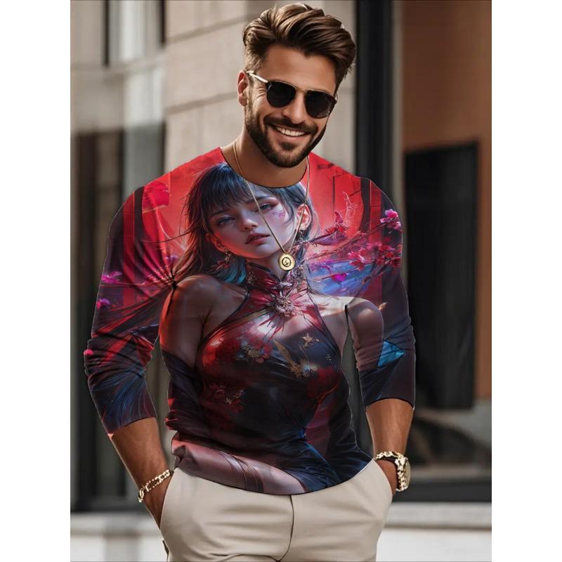Autumn Men's Long sleeves T-shirt anime beauty sexy 3D printed casual loose Long sleeved T-shirt men's clothing tops