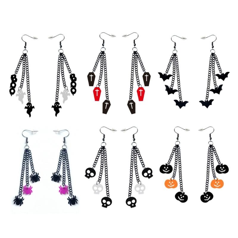 Skull Black Chain Earrings Halloween Ear Drop Earrings Stud Halloween Costume Accessories Hip Hop Ear Piercing Jewelry