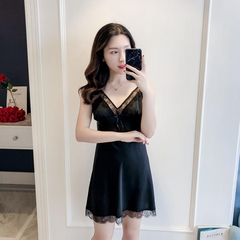 New suspender nightgown summer thin ice silk fairy with chest pad to gather sexy temptation hot pajamas woman