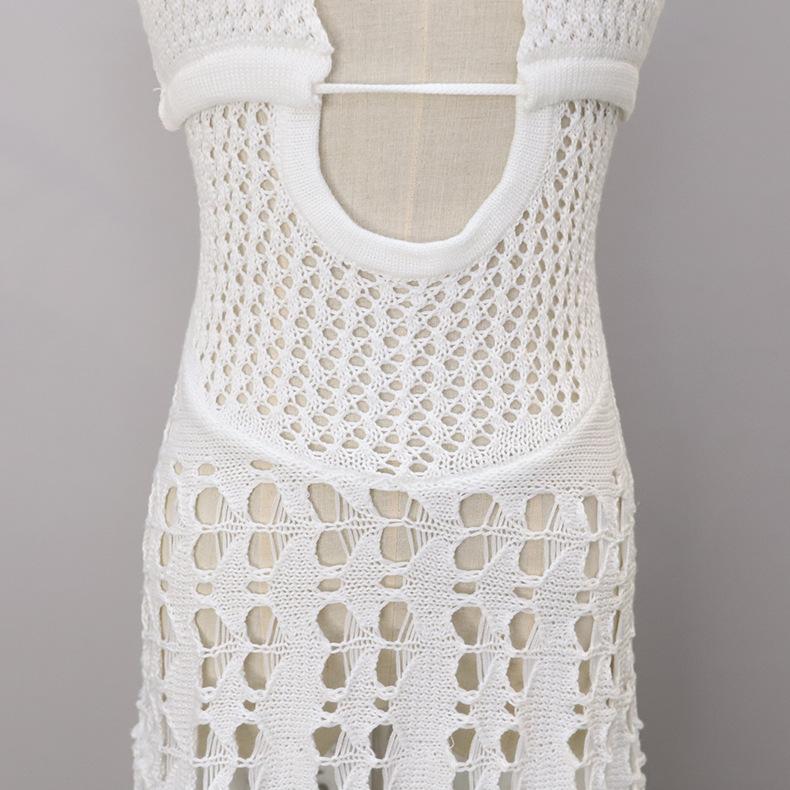 Summer Women's Beach Dress Solid Hollow Knit Dress Sexy Swimwear Cover-up Tie Neck Hanging