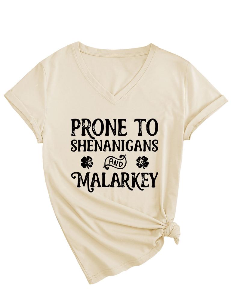 Fashionable and Versatile Prone To Shenanigans Printed Top V-neck Short Sleeved Women's T-shirts