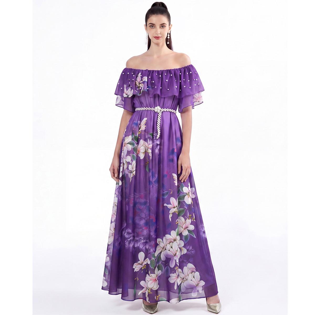 

Elegant Purple Flower Print Chiffon Summer Dress for Women 2026 Fashion Beaded Off Shoulder Short Sleeve Casual Holiday Maxi Dress with Belt M фиолетовый