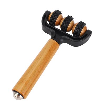 Elde Taşınabilir Dikenli Masaj Topları Rulosu 3 Tekerlekli Ergonomik Saplı Ahşap Kas Masaj Rulo Aleti