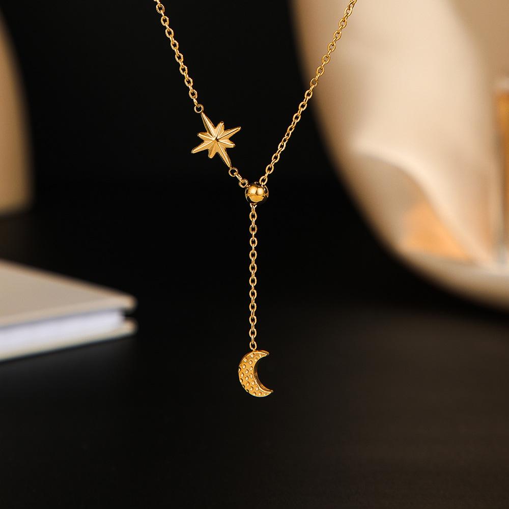 Trendy Star Moon Titanium Steel Necklace Women Small Pendant Jewelry 14K Gold Plated Fashion Gift