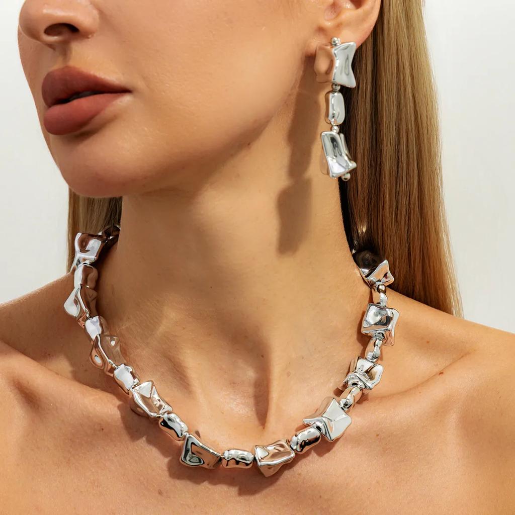 New Punk Trendy Irregular CCB Necklace Drop Earrings for Women Vintage Adjustable Clavicle Chain Party Grunge Jewelry Set