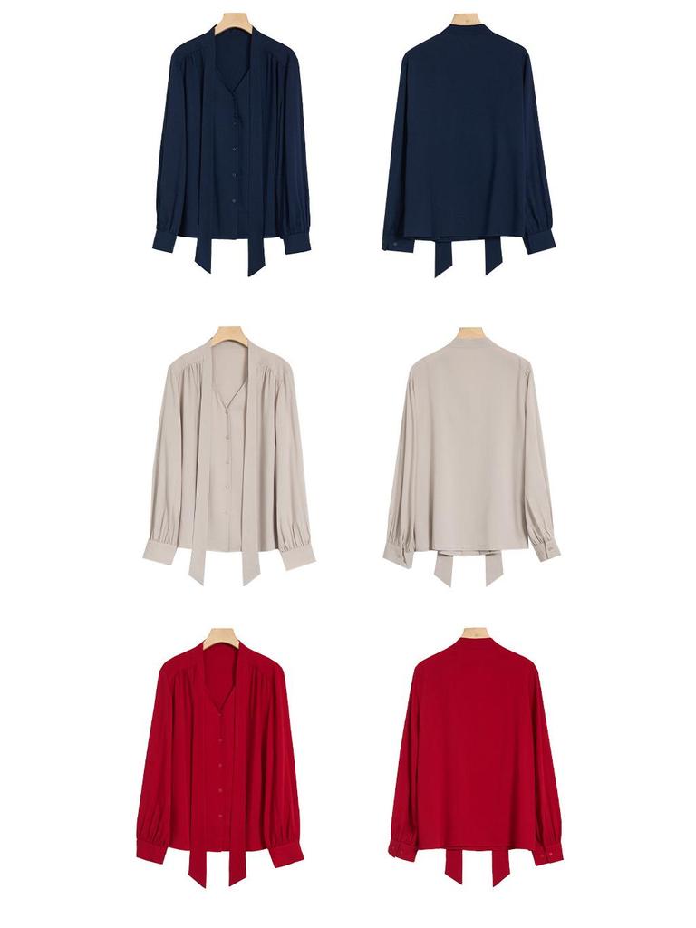Rong Tai Women's Elegant French Ribbon Long Sleeve V-Neck Chic Shirt - Spring 2026 Collection