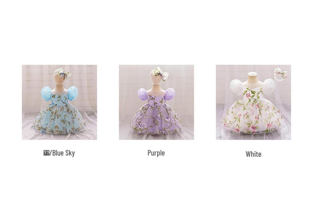 One-Year-Old Baby Girl Princess Birthday Mesh Dress with Flowers & Hair Accessories