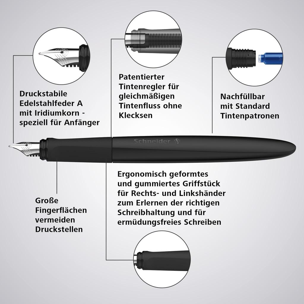 Schneider WAVY Fountain for both and Ink Body Cartridge and converter compatible Pen, right-handed left-handed use, color Blue, color Black,