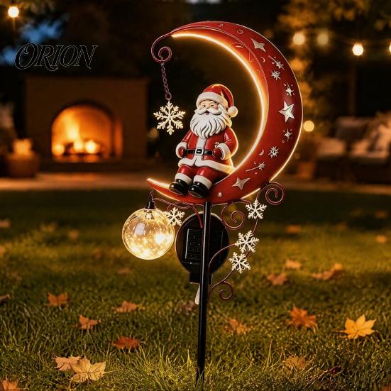 Retro Style Garden Art 31 Inch Solar-Powered Christmas Stake Light, Santa Claus On A Moon LED Pathway Waterproof Metal Path Light with Snowflake