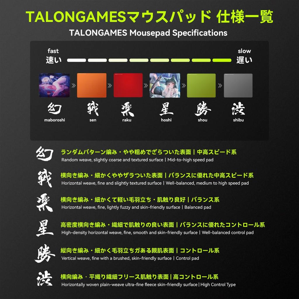 TALONGAMES Shibu Series Gaming Mousepad eSports Mousepad 490x420x4mm Cloth High Control Rubber Base Reinforced Edges Large Size Japanese Distributor