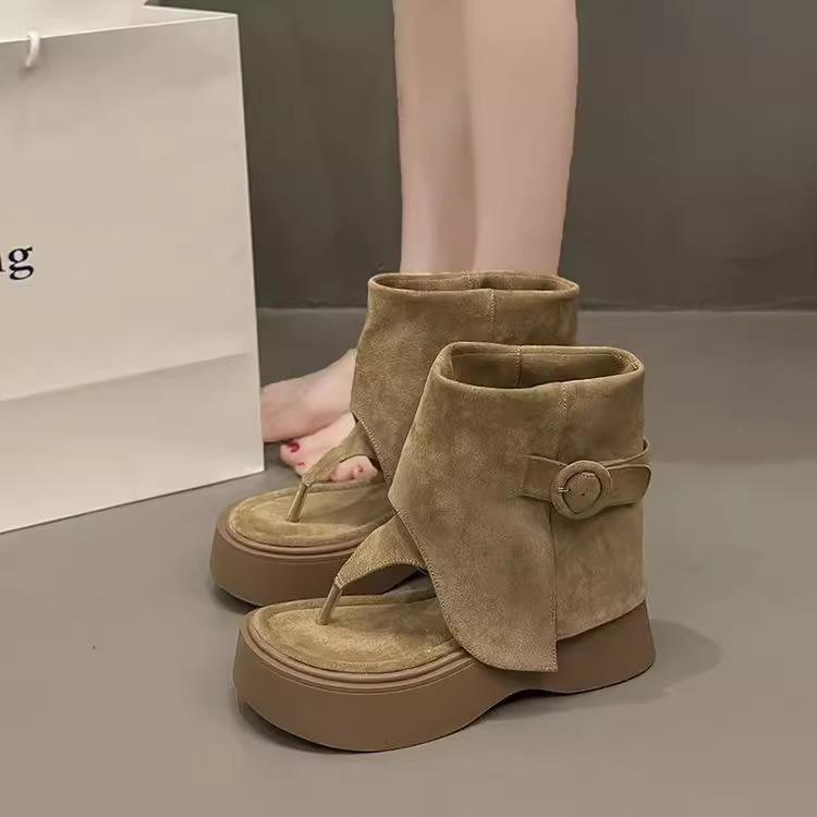 

Толстоподошвенные взрывные брюки, крутые ботинки для женских летних новых сандалий на небольшой платформе, универсальные короткие ботинки с носком-елочкой на мягкой подошве 40 хаки