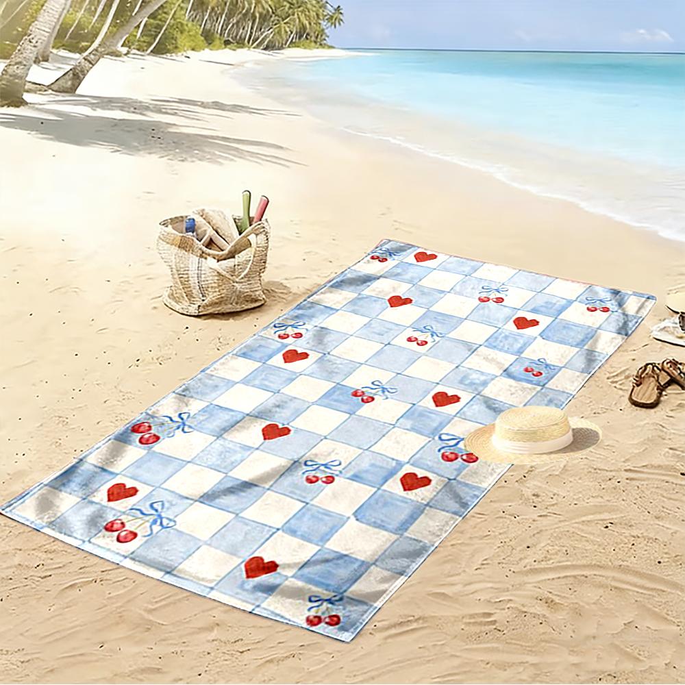 Blue Checkered Pattern with Hearts and Cherries Beach towel quick-drying for travel outdoor sports jogging beach and swimming