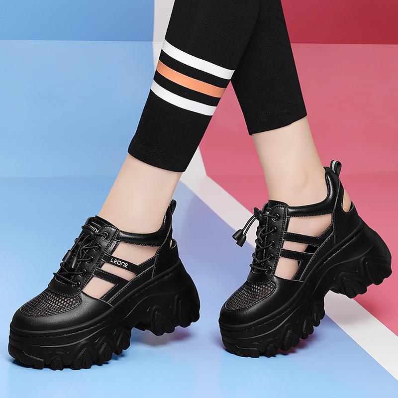 Thick sole inner height small women's shoes new spring and summer casual all-black dad shoes