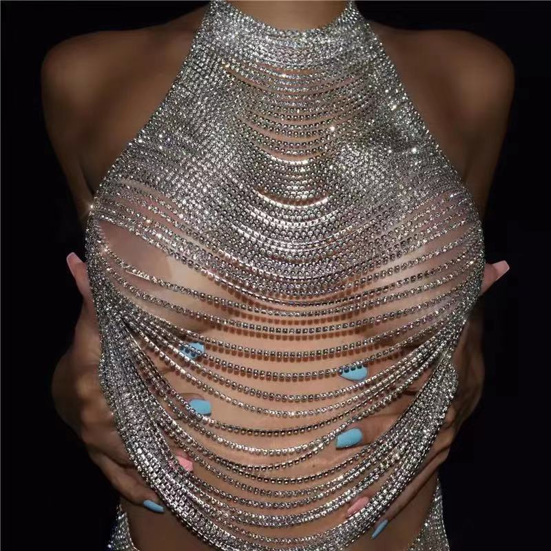 Xqwewanticedd Women's Silver/Gold European And American Fashion Multi-Layer Rhinestone Chest Chain, New Nightclub Sexy Body Chain Accessories Body Chain