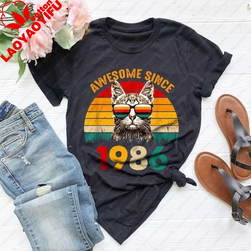 

1986 Retro Cool Cat Vintage Shirt Awesome Since1986 40th Birthday Shirt 40th Birthday Women Classic Graphic T Shirts Y2k Top S