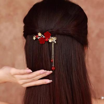 Podzimní luxusní spona do vlasů s třásněmi a květy červené švestky pro Národní den, zásnuby, svatby, večerní šaty & ozdoba hlavy
