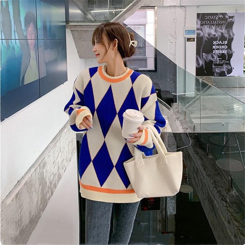 Autumn Women’s Pullovers Casual Long Sleeve Loose Sweater Fashion Diamond Pattern Round Neck Knitwear Winter Warm Streetwear