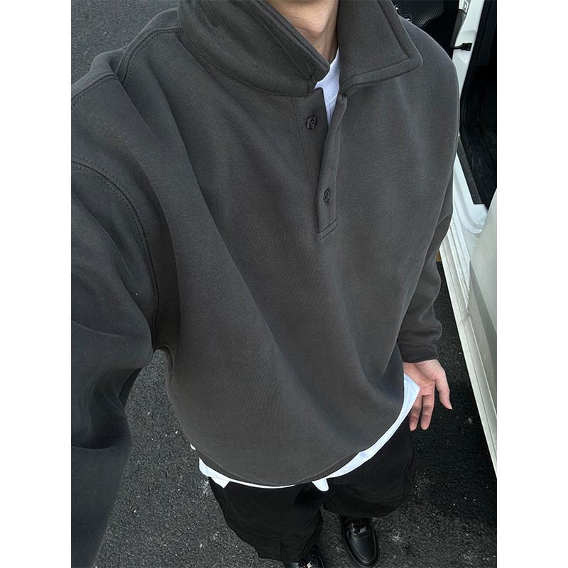 

Men s Dark Gray Polo Collar Sweatshirt - Long-Sleeve Retro Lapel Jacket for Autumn/Winter 3XL темно-сірий