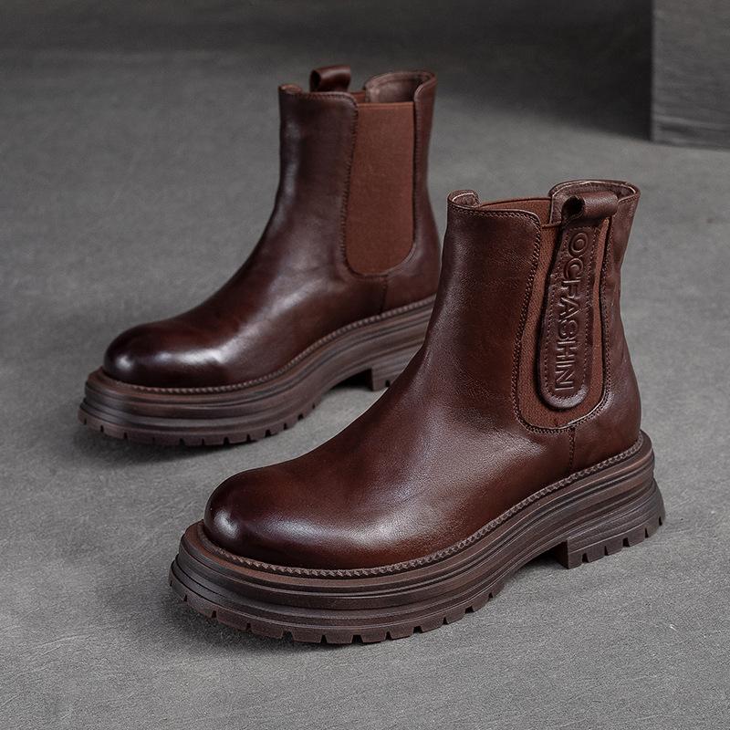 

Женские короткие ботинки Johnature из натуральной кожи с круглым носком, однотонные, на толстой подошве, ручной работы, в стиле ретро, ботильоны 38 чёрный