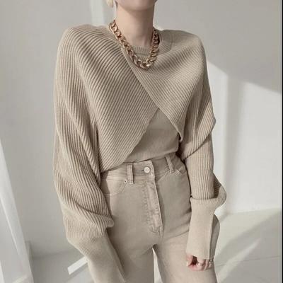 Korean Style Chic Raglan Long Sleeve Pullover Sweet Loose Letter Patch Split Sweater Casual V-neck Office Lady Tops Jumper 29612